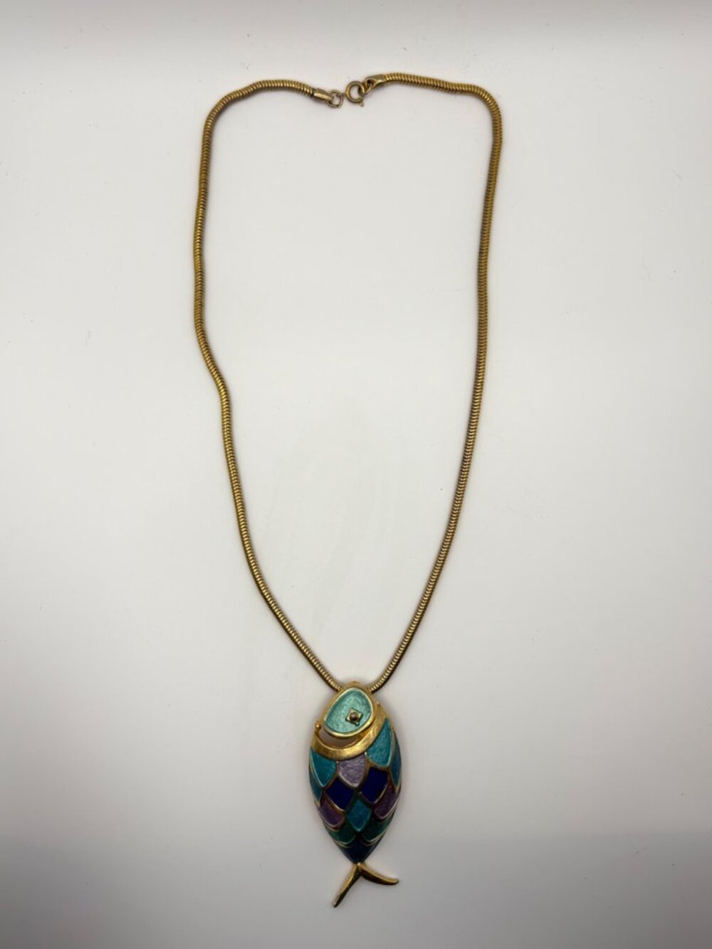 Vintage Gold Tone Enamel Fish Pendant Necklace Snake Chain Blue Teal Purple 24